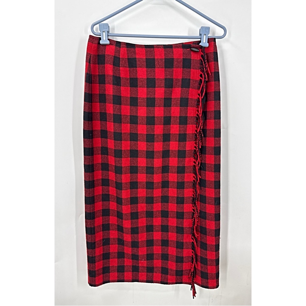 Liz Claiborne vintage wool blend buffalo check wrap skirt w/fringe detail 12P